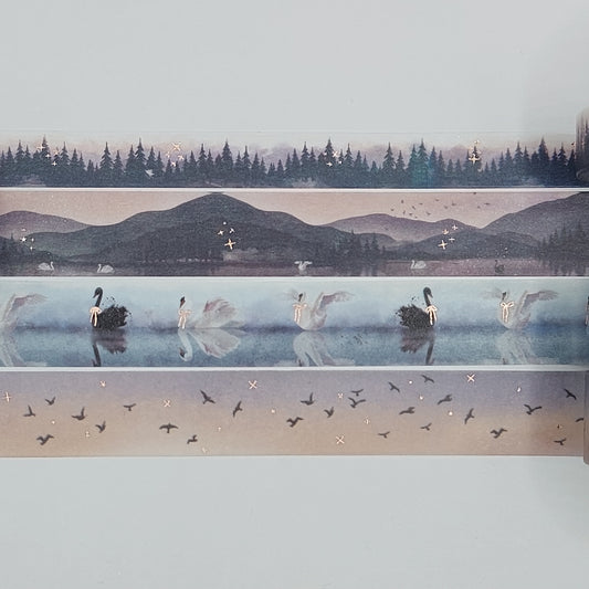 Simply Gilded, washi tape samples, sold in 0.5 m intervals, Swan Lake, mountain washi, landscape washi, lake washi, swan washi, bird washi